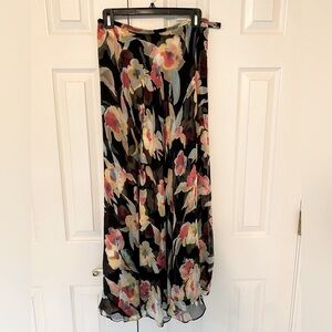Dana Buchman EUC silk flowy tropical floral Maxi Skirt 8 black yellow red blue